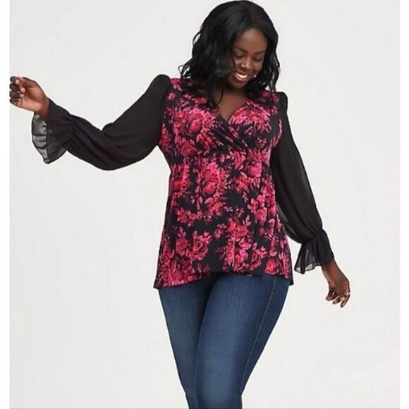 Torrid Black and Pink Floral Surplice Sheer Sleeve Polyester Top Sz XXL - Picture 4 of 13